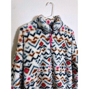 Eddie Bauer Womens Size L Fleece‎ Pullover Sweatshirt Geometric Print Pink Blue